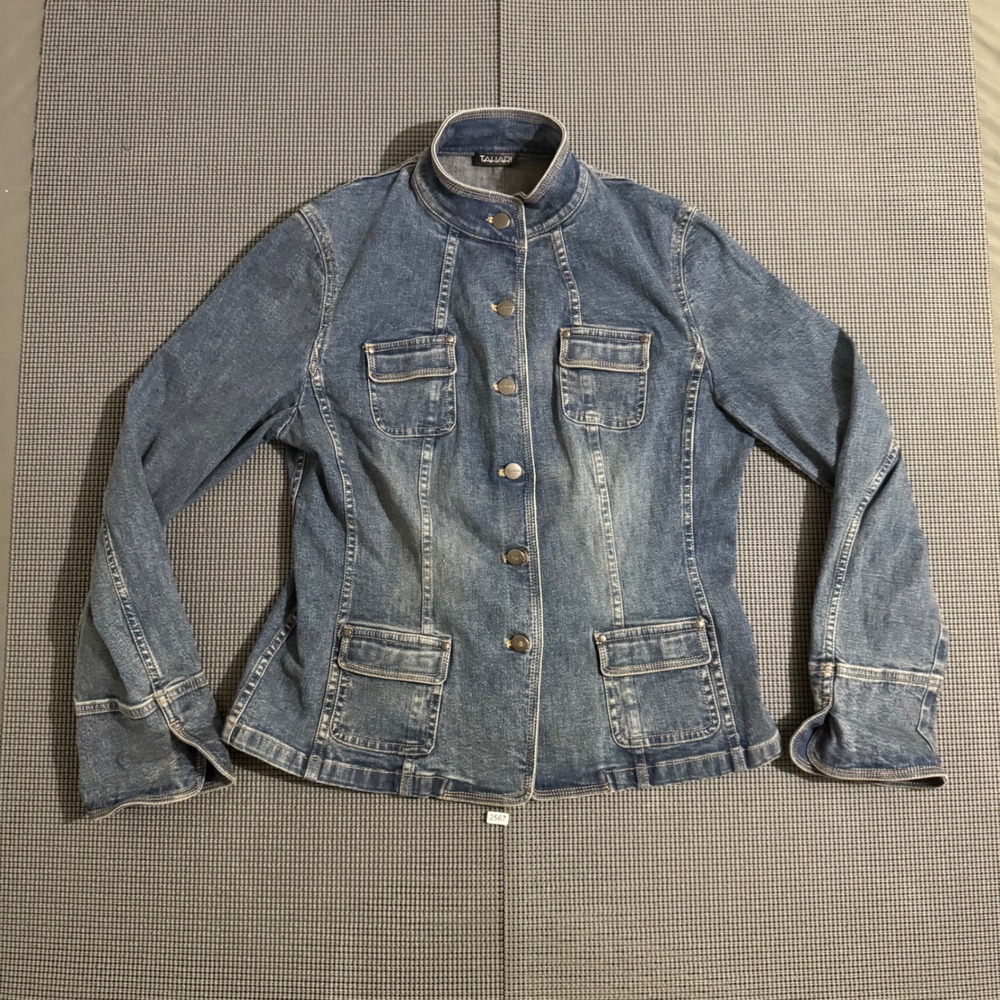 Tahari Womens Blue Denim Mock Neck Button Front Jacket Size L